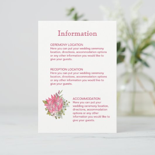 Protea Bloem Bruiloft Informatie Kaarten (Staand voorkant)