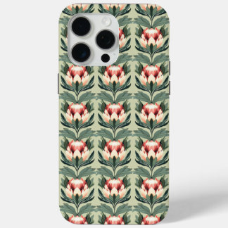 Protea Bloem Patroon Koraal Salie Tinten iPhone Ho 15 Pro Max Hoesje