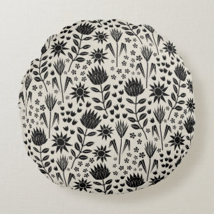 Protea Bloemenblok Print Millefleur zwart linnen Rond Kussen