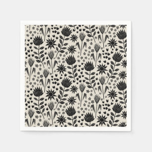 Protea Bloemenblok Print Millefleur zwart linnen Servet