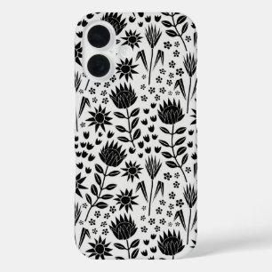 Protea Bloemenblok Print Millefleur zwart wit iPhone 16 Hoesje