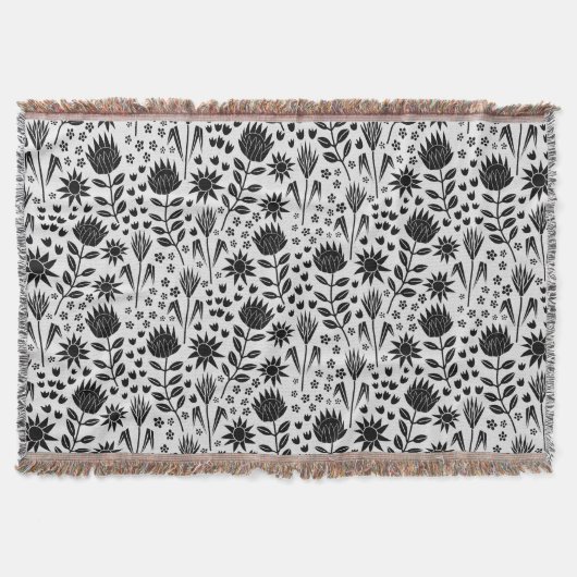 Protea Bloemenblok Print Millefleur zwart wit Deken (Voorkant)