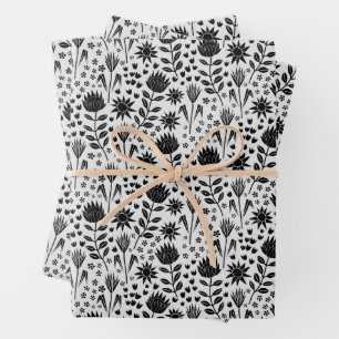 Protea Bloemenblok Print Millefleur zwart wit Inpakpapier Vel