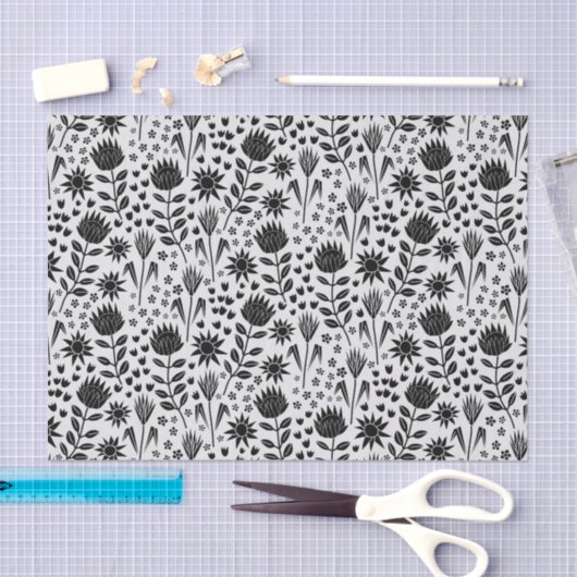 Protea Bloemenblok Print Millefleur zwart wit Tissuepapier (Craft)