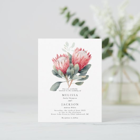 Protea Blush Waterverf Bloemen bruiloft Briefkaart (Staand voorkant)