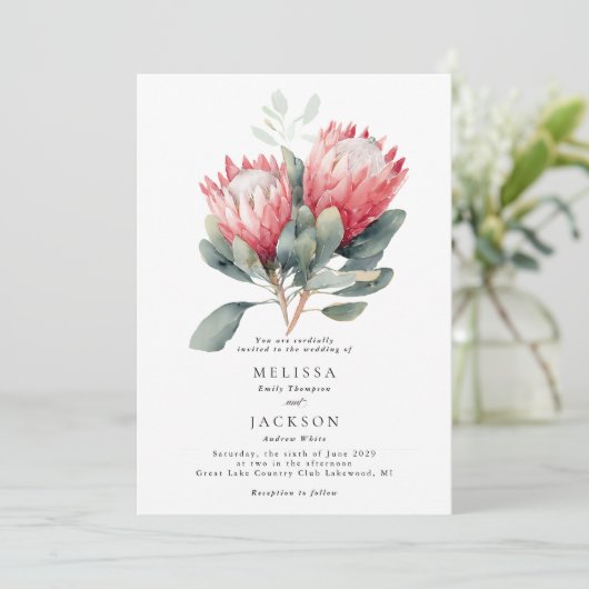 Protea Blush Waterverf Bloemen bruiloft Kaart (Staand voorkant)