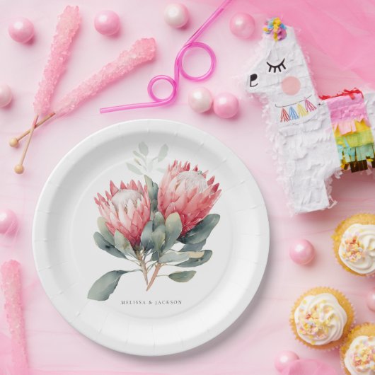 Protea Blush Waterverf Bloemen bruiloft Papieren Bordje (Feest)