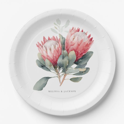 Protea Blush Waterverf Bloemen bruiloft Papieren Bordje (Voorkant)