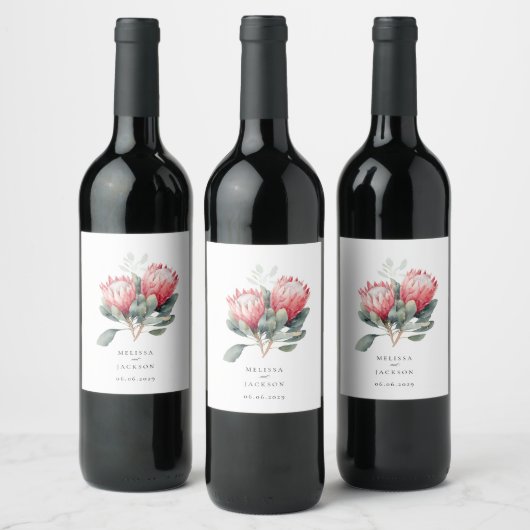 Protea Blush Waterverf Bloemen bruiloft Wijn Etiket (Flessen)