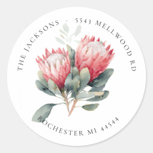 Protea Blush Waterverf Flowers Retouradres Ronde Sticker