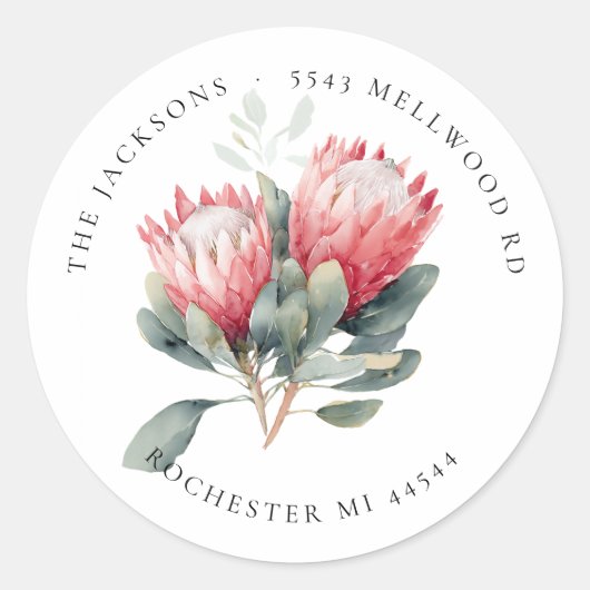 Protea Blush Waterverf Flowers Retouradres Ronde Sticker (Voorkant)