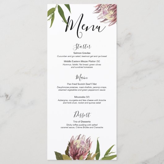 Protea Boho Groenelementen Eucalyptus Trouwmenu Menu (Voorkant)