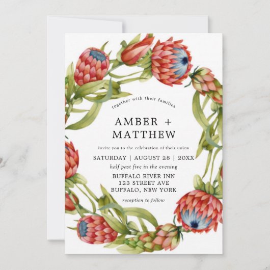 Protea Colorful Waterverf Flower Wedding Invites (Voorkant)