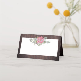 Protea Eucalyptus gebladerte hout rustieke bruilof Plaatskaartje