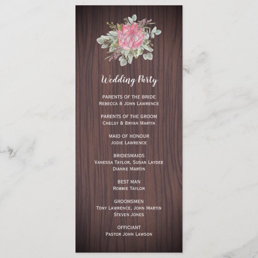 Protea Eucalyptus gebladerte lichten hout bruiloft Programmakaart (Achterkant)