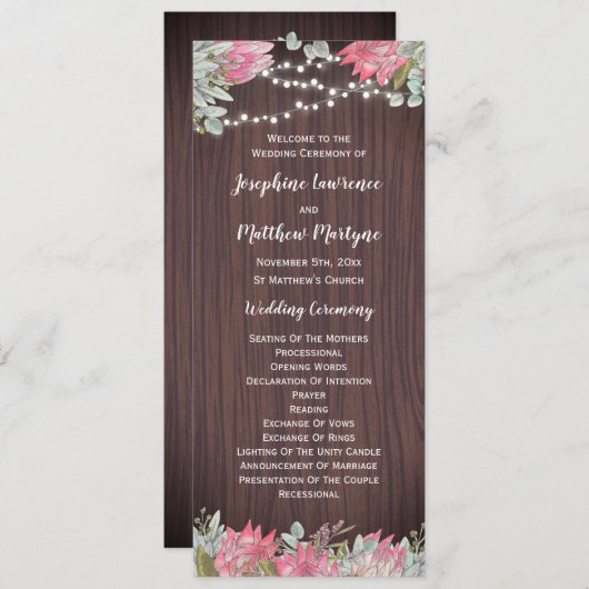 Protea Eucalyptus gebladerte lichten hout bruiloft Programmakaart (Voorkant / Achterkant)