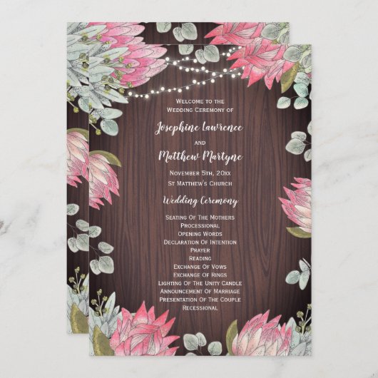 Protea Eucalyptus Lights Hout Rustieke Bruiloft Programmakaart (Voorkant / Achterkant)