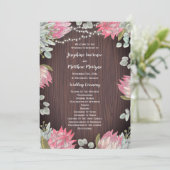 Protea Eucalyptus Lights Hout Rustieke Bruiloft Programmakaart (Staand voorkant)