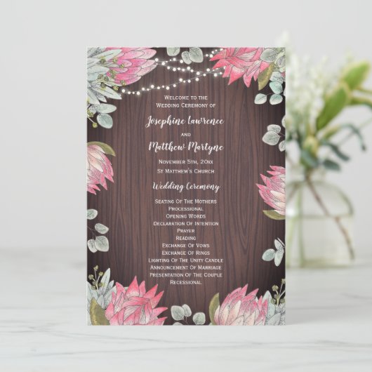 Protea Eucalyptus Lights Hout Rustieke Bruiloft Programmakaart (Staand voorkant)