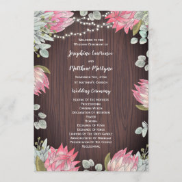 Protea Eucalyptus Lights Hout Rustieke Bruiloft Programmakaart