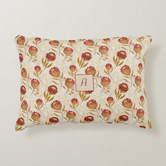 Protea Flower Floral beige red Pattern monogram Accent Kussen (Voorkant)
