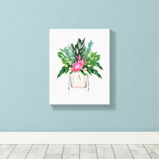 Protea Flowers Elegant Monogram Perfume Bottle Canvas Afdruk (Insitu (Houten vloer))