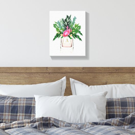 Protea Flowers Elegant Monogram Perfume Bottle Canvas Afdruk (Insitu (Slaapkamer))