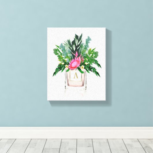 Protea Flowers Elegant Monogram Perfume Bottle Canvas Afdruk (Insitu (Houten vloer))
