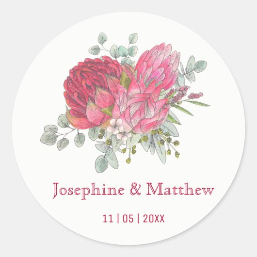 Protea Flowers Waterverf Trouwstickers Ronde Sticker (Voorkant)