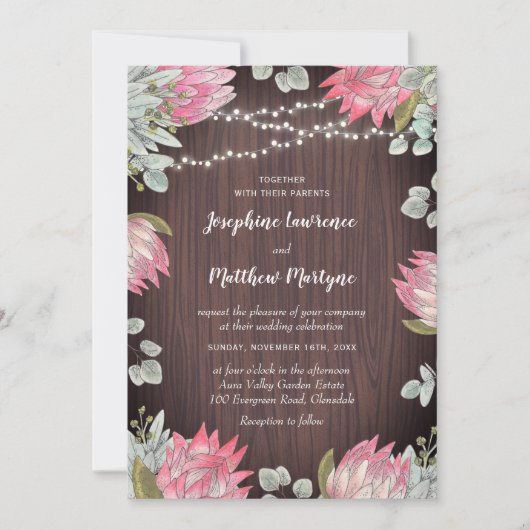 Protea Lights Hout Rustieke Bruiloft Kaart (Voorkant)