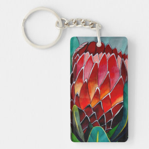 Protea rode aquarel bloem originele kunst sleutelhanger