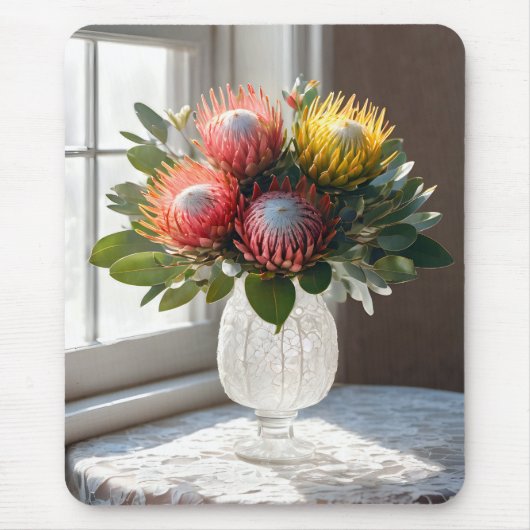 Protea speldenkussen boeket op kant muismat (Voorkant)