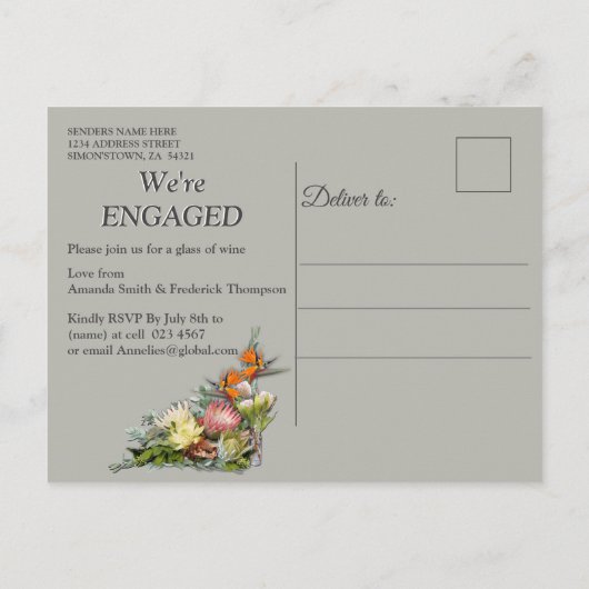 Protea - Strelitzia Flower Arrangement Verloving Uitnodiging Briefkaart (Achterkant)