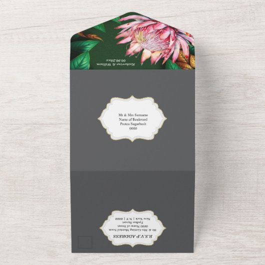 Protea Sugarbush fynbos waterverf bloemenzomer All In One Uitnodiging (Buitenkant)