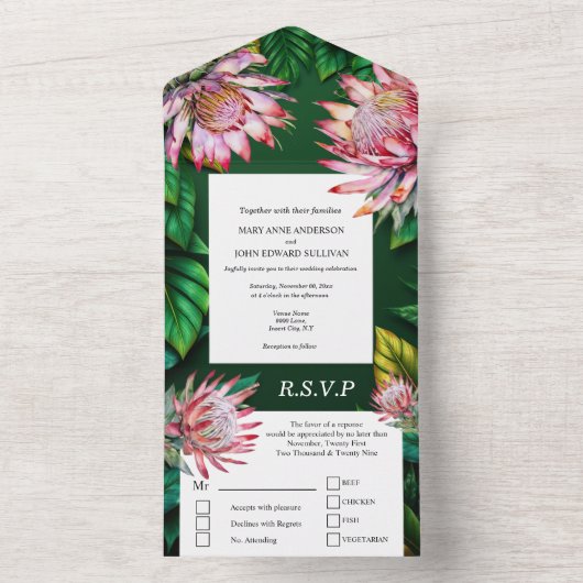 Protea Sugarbush fynbos waterverf bloemenzomer All In One Uitnodiging (Binnen)