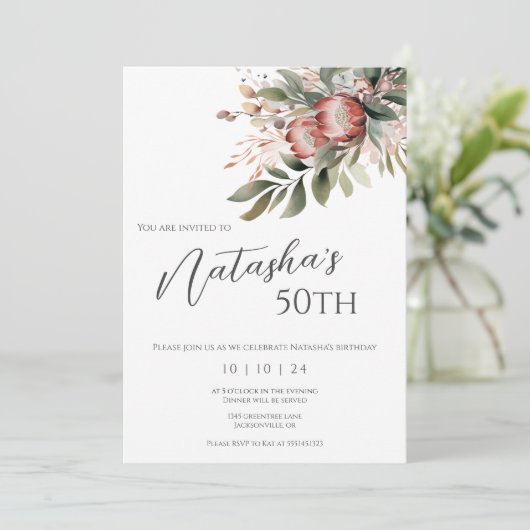 Protea Verjaardag Uitnodiging (Staand voorkant)