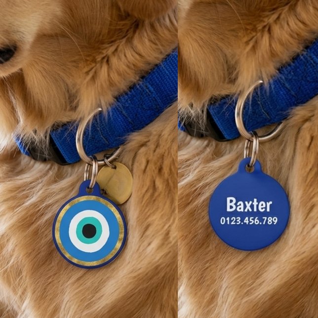 Protective Blue Evil Eye Nazar Gold Geometric Pet Huisdierpenning (Protective Blue Evil Eye Nazar Gold Geometric Pet ID Tag)