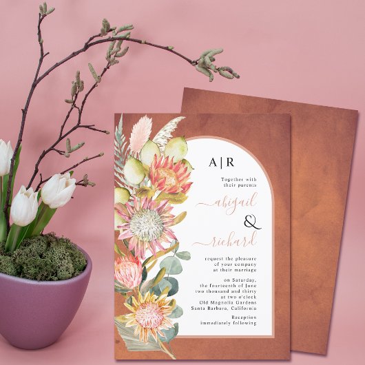 Protheekbloemen pampas sterracotta bruiloft kaart