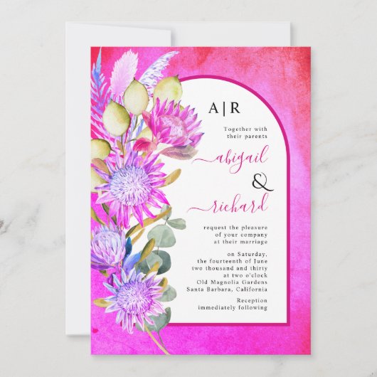 Protheembloemen en parelgrasmagenta bruiloft kaart (Voorkant)