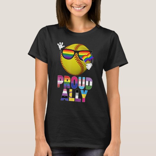 Proud Ally Softball Ball Rainbow Flag Gay Lesbian  T-shirt (Voorkant)