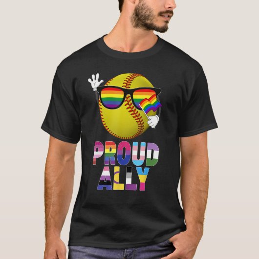 Proud Ally Softball Ball Rainbow Flag Gay Lesbian  T-shirt (Voorkant)
