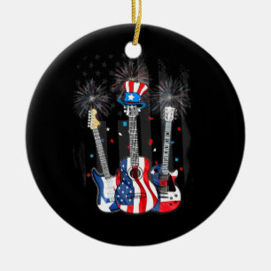 Proud American Flag Guitar Fireworks Patriottic 4t Keramisch Ornament