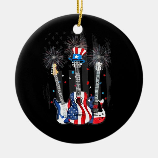 Proud American Flag Guitar Fireworks Patriottic 4t Keramisch Ornament (Voorkant)