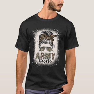 Proud Army Mom Women Leopard Camo Messy Bun Bleach T-shirt