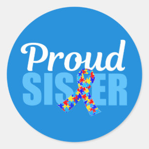 Proud Autism Sister Blue Awareness Ribbon Cute Ronde Sticker
