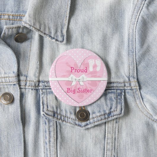 Proud Big Sister White & Pink Polka Dot Button (In situ)