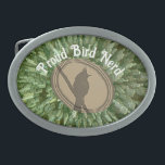 Proud Bird Nerd Silhouette Groen Bruin Vogelaar Gesp<br><div class="desc">Voeg een vleugje van je liefde voor vogels toe aan je outfit met deze trotse vogel nerd riemgesp met een vogelsilhouet in bruin met een groene starburst van strepen achter het silhouet. "Proud Bird Nerd" verschijnt boven het afbeelding van de vogel en kan gemakkelijk worden aangepast. Origineel ontwerp - C....</div>
