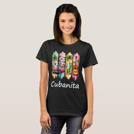 Proud Cubanita Cuban Flag Guitar Mojito Car Design T-shirt (Voorkant volledig)