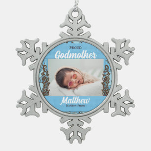 Proud Godmoeder Blue en bruine foto Tin Sneeuwvlok Ornament