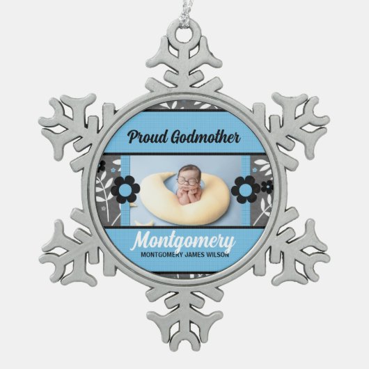 Proud Godmoeder Blue-kerstfoto Tin Sneeuwvlok Ornament (Voorkant)